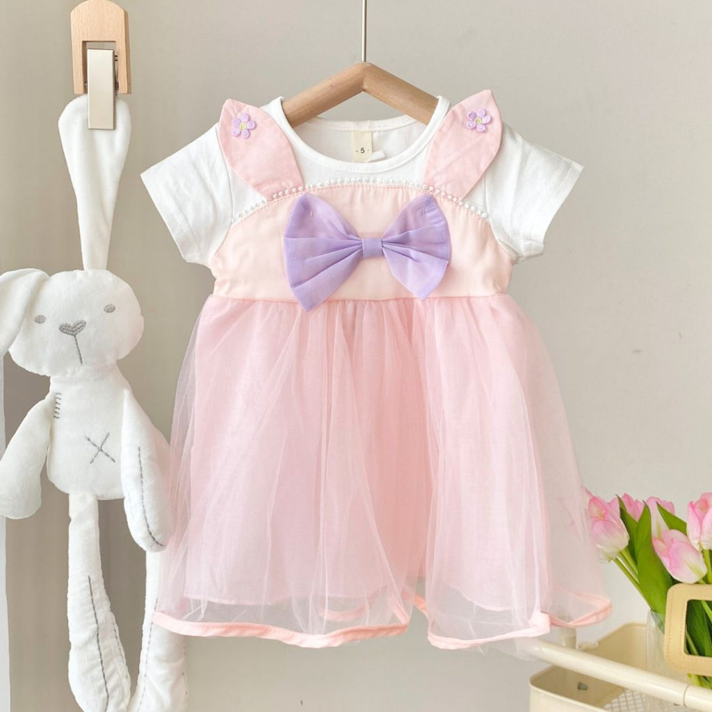 Đầm ren xòe công chúa tai thỏ nơ cho bé gái, váy phồng em bé nhiều tầng xinh xắn màu hồng, tím pastel nhẹ nhàng đáng yêu