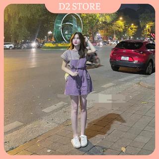 Set Bộ Yếm Quần Nữ Quần Yếm Nữ Rút Dây Eo Mãu Tím Mix Áo Phông Kẻ Ngang Cùng Tone Freesize