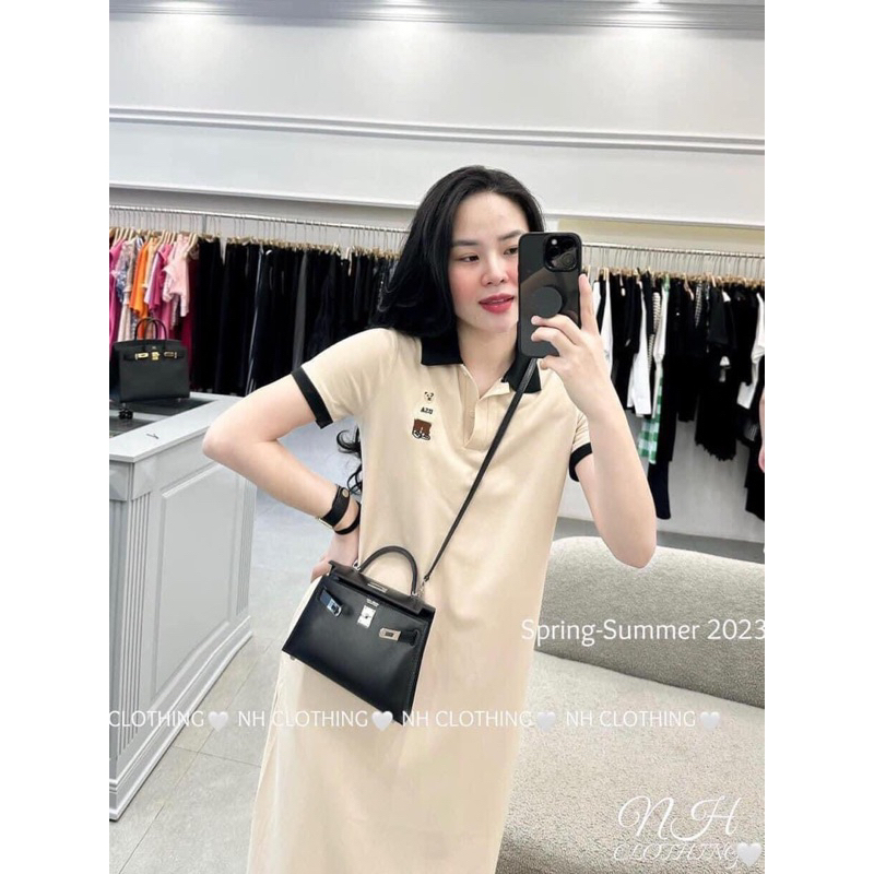 Đầm polo dáng dài thêu gấu tay ngắn chất cotton form rộng thời trang hai màu basic