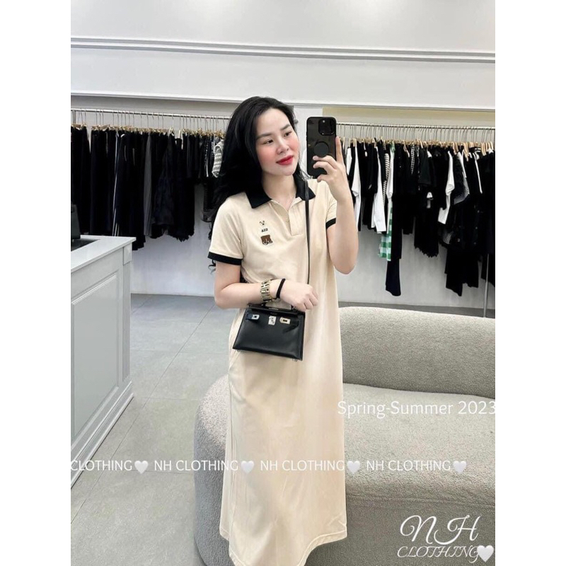 Đầm polo dáng dài thêu gấu tay ngắn chất cotton form rộng thời trang hai màu basic