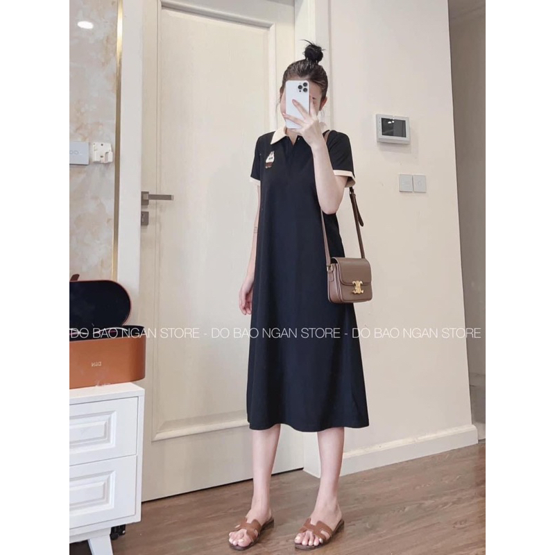 Đầm polo dáng dài thêu gấu tay ngắn chất cotton form rộng thời trang hai màu basic