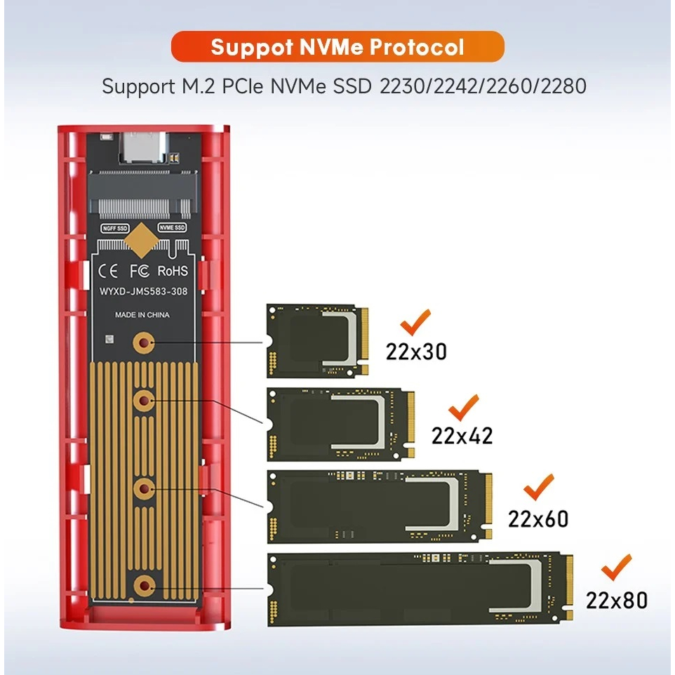 Box SSD M2 NVMe Type C KingSpec | Chuyển M.2 PCIe to USB làm ổ cứng di động