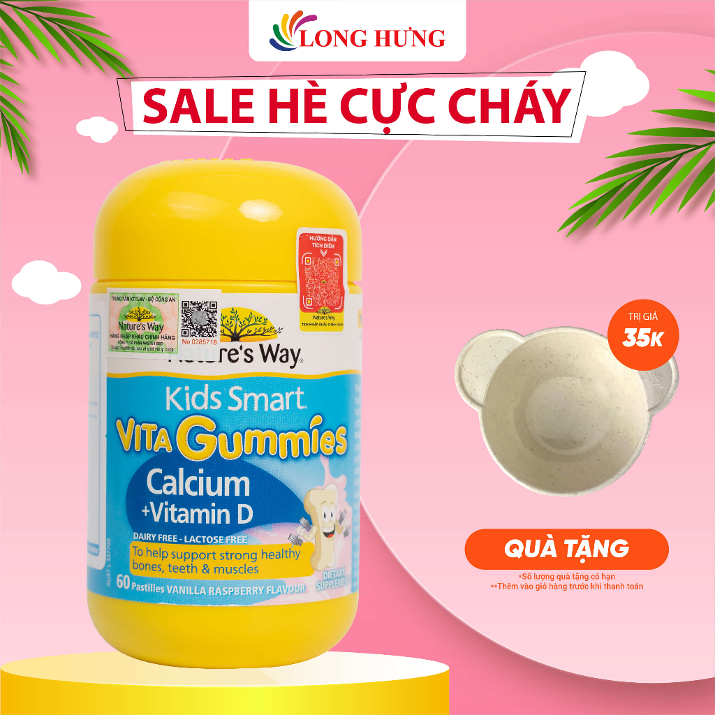 Kẹo dẻo Nature's Way Kids Smart Vita Gummies Calcium + Vitamin D bổ sung Canxi và Vitamin D3 cho bé (60 viên)