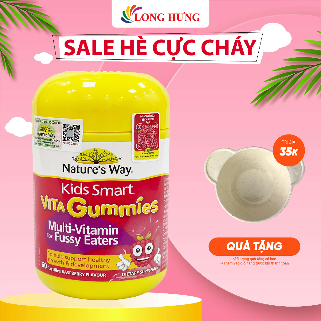 Kẹo dẻo Nature's Way Kids Smart Vita Gummies Multi-Vitamin For Fussy Eaters bổ sung viatmin cho bé (60 viên)