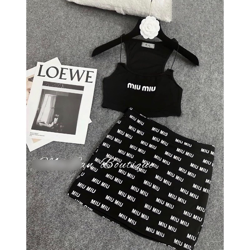 set ba lỗ miu đen chất bozip chân váy ôm ly