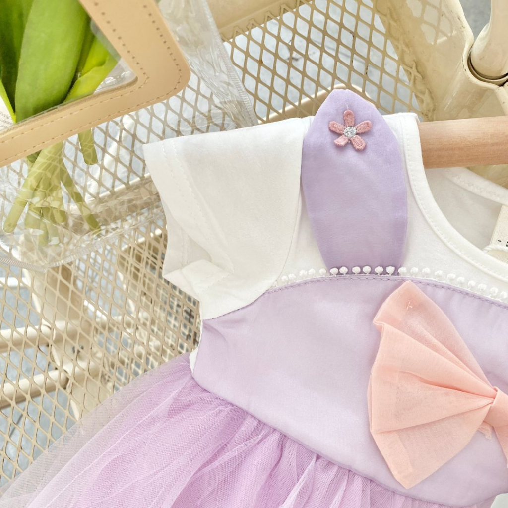 Đầm ren xòe công chúa tai thỏ nơ cho bé gái, váy phồng em bé nhiều tầng xinh xắn màu hồng, tím pastel nhẹ nhàng đáng yêu