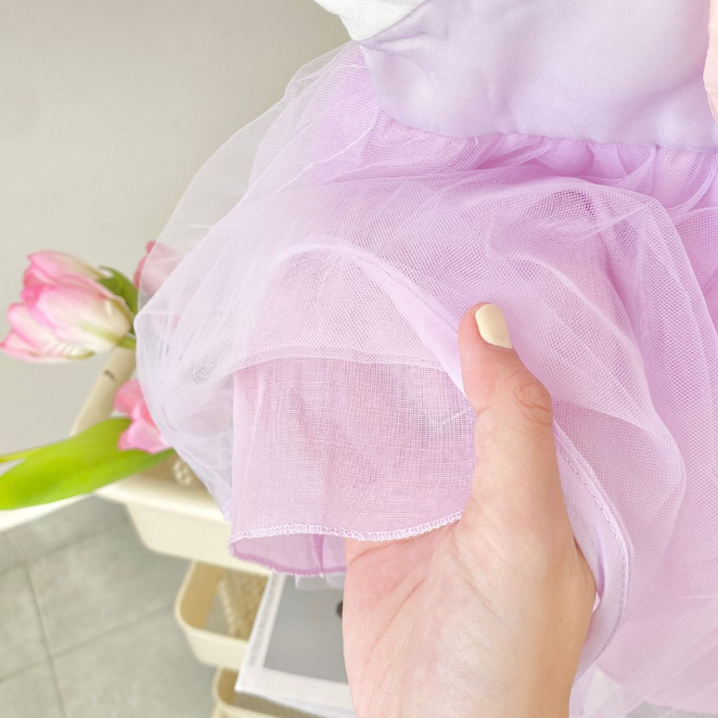 Đầm ren xòe công chúa tai thỏ nơ cho bé gái, váy phồng em bé nhiều tầng xinh xắn màu hồng, tím pastel nhẹ nhàng đáng yêu