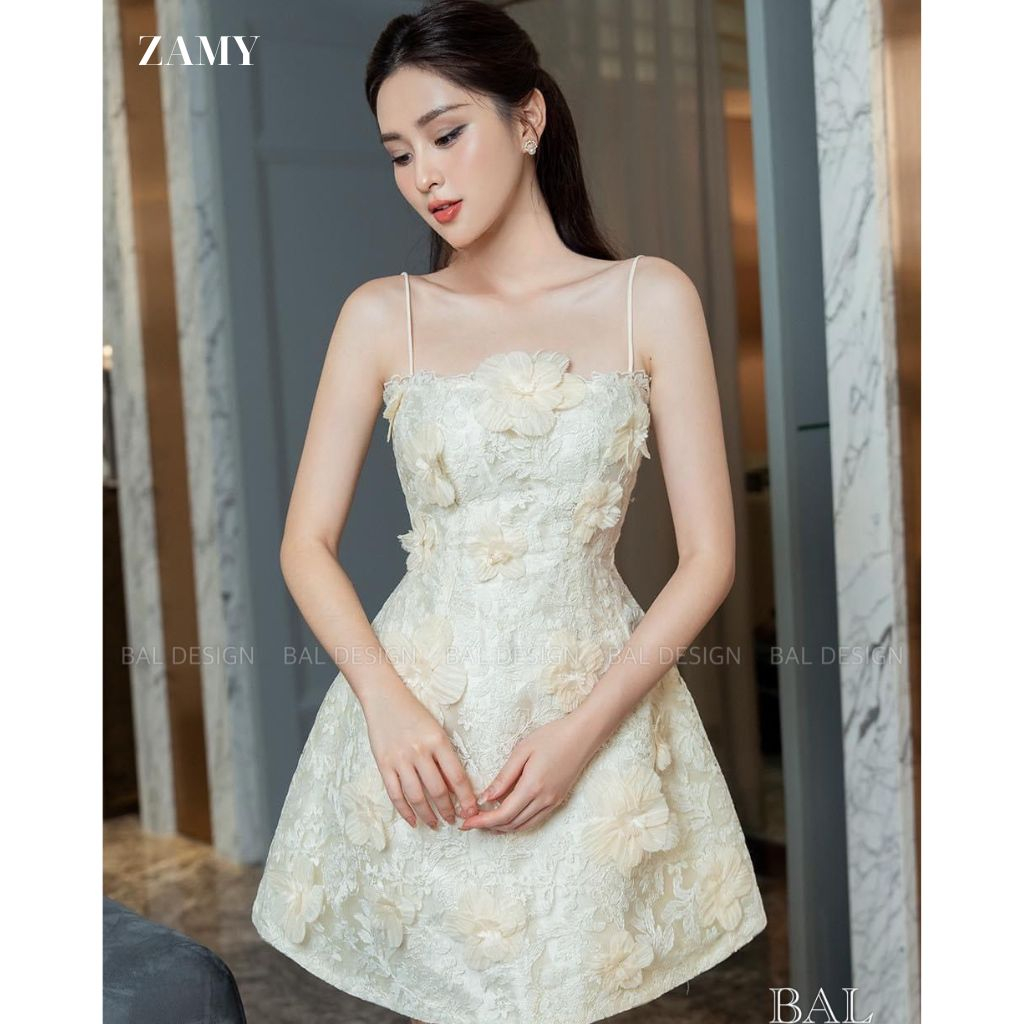Váy đầm nữ 2 dây đính hoa dáng chữ A hàng hai lớp cao cấp Zamy thiết kế đi chơi, đi tiệc