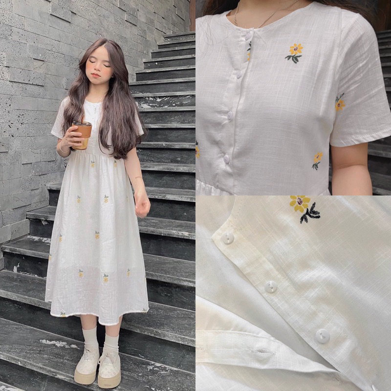 Váy Babydoll thêu hoa cúc Đầm váy dáng dài thêu hoa thắt eo