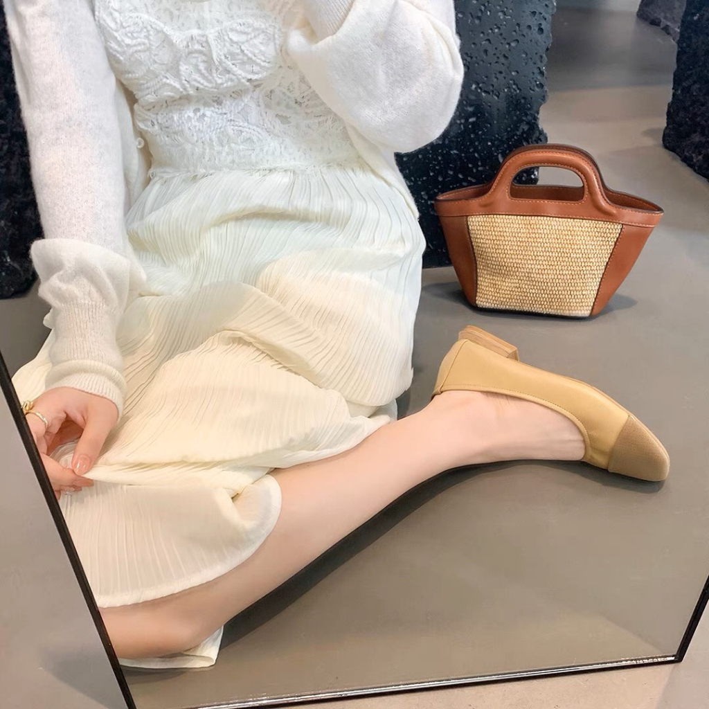 Giày búp bê nữ đế thấp 2 cm mũi tròn gót vuông mix hai màu đế chống trơn trượt hot 2023 BO SHOP