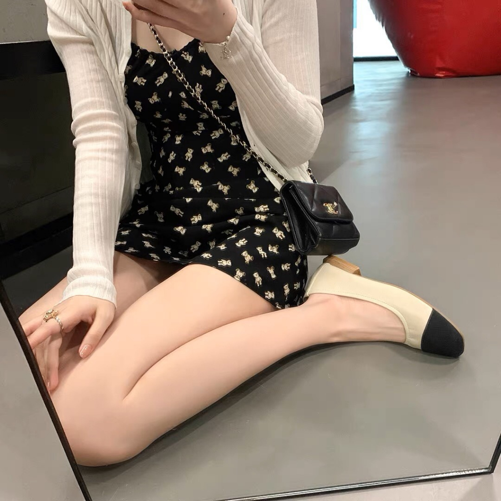 Giày búp bê nữ đế thấp 2 cm mũi tròn gót vuông mix hai màu đế chống trơn trượt hot 2023 BO SHOP