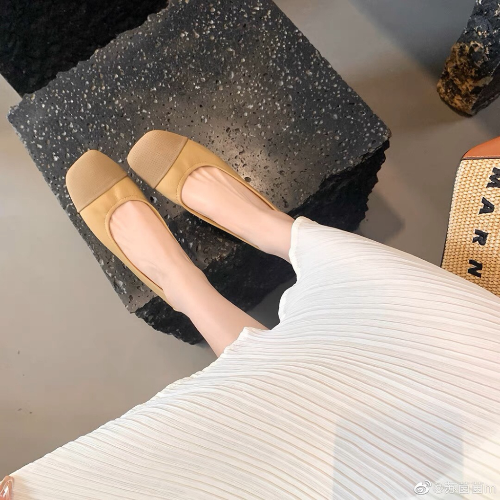 Giày búp bê nữ đế thấp 2 cm mũi tròn gót vuông mix hai màu đế chống trơn trượt hot 2023 BO SHOP