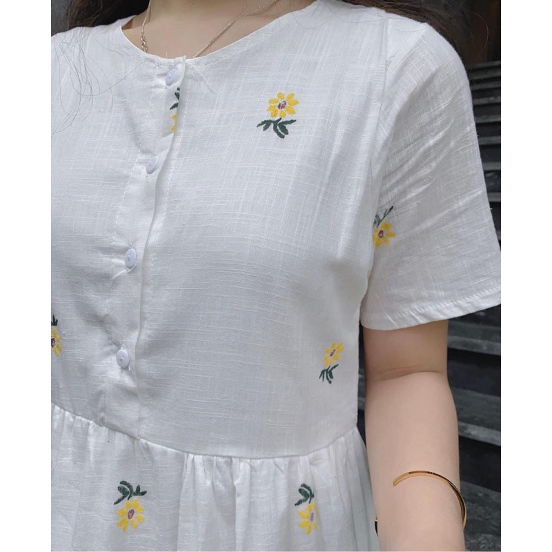 Váy Babydoll thêu hoa cúc Đầm váy dáng dài thêu hoa thắt eo