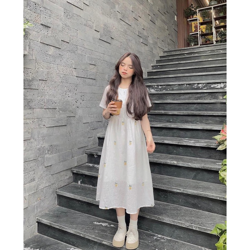 Váy Babydoll thêu hoa cúc Đầm váy dáng dài thêu hoa thắt eo