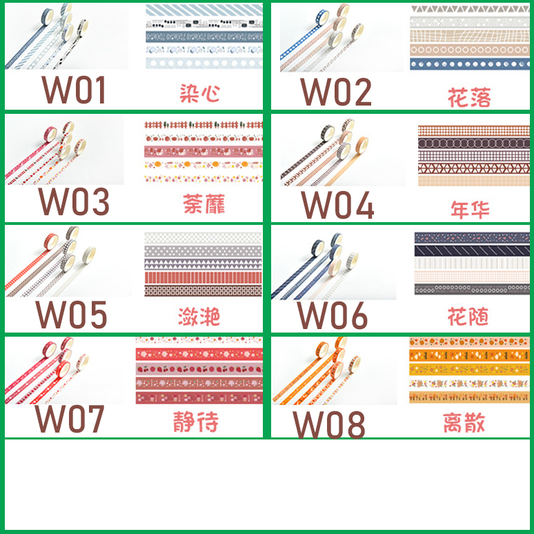 Hộp 5 cuộn washi Pkbeoshop họa tiết basic, băng keo kẻ caro nhiều màu dễ thương dùng trang trí sổ toploader WS6