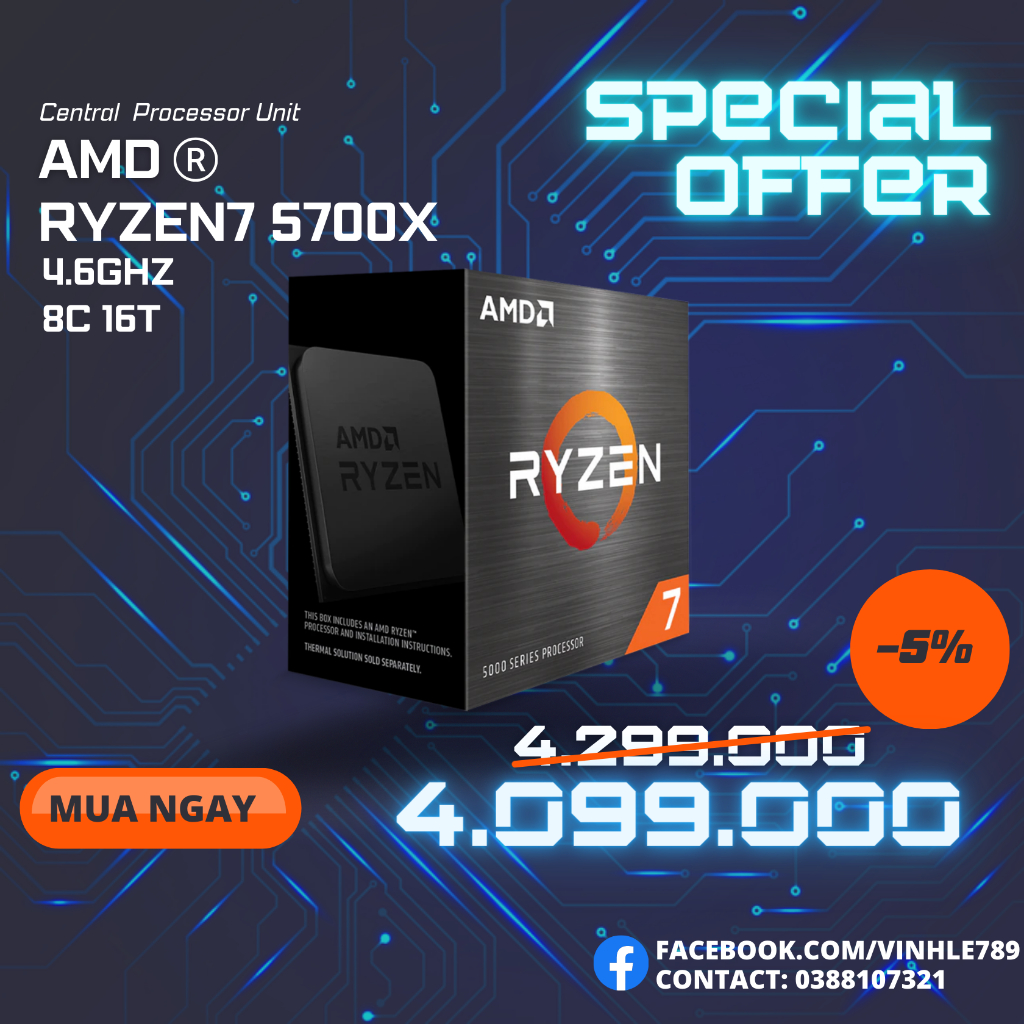 CPU AMD Ryzen 7 5700X ( 3.4GHz Boost 4.6GHz / 8 nhân 16 luồng / 32MB / AM4) [NEW]