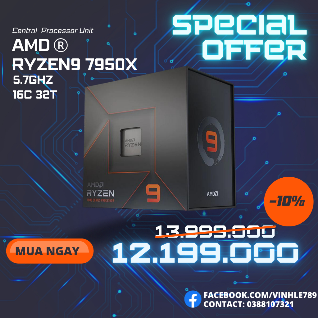 CPU AMD Ryzen 9 7950X ( 4.5GHz Boost 5.7GHz / 16 nhân 32 luồng / 81MB / AM5) [NEW]