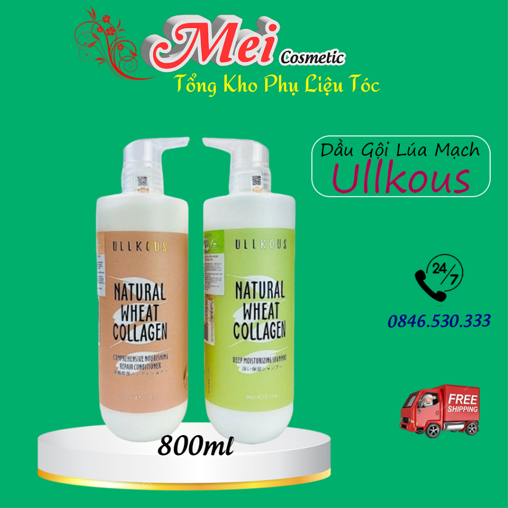 Cặp dầu gội xả ULLKOUS NATURAL WHEAT COLLAGEN 800ML x2 - Phục Hồi Tóc Hư Tổn Từ Bên Trong Mei