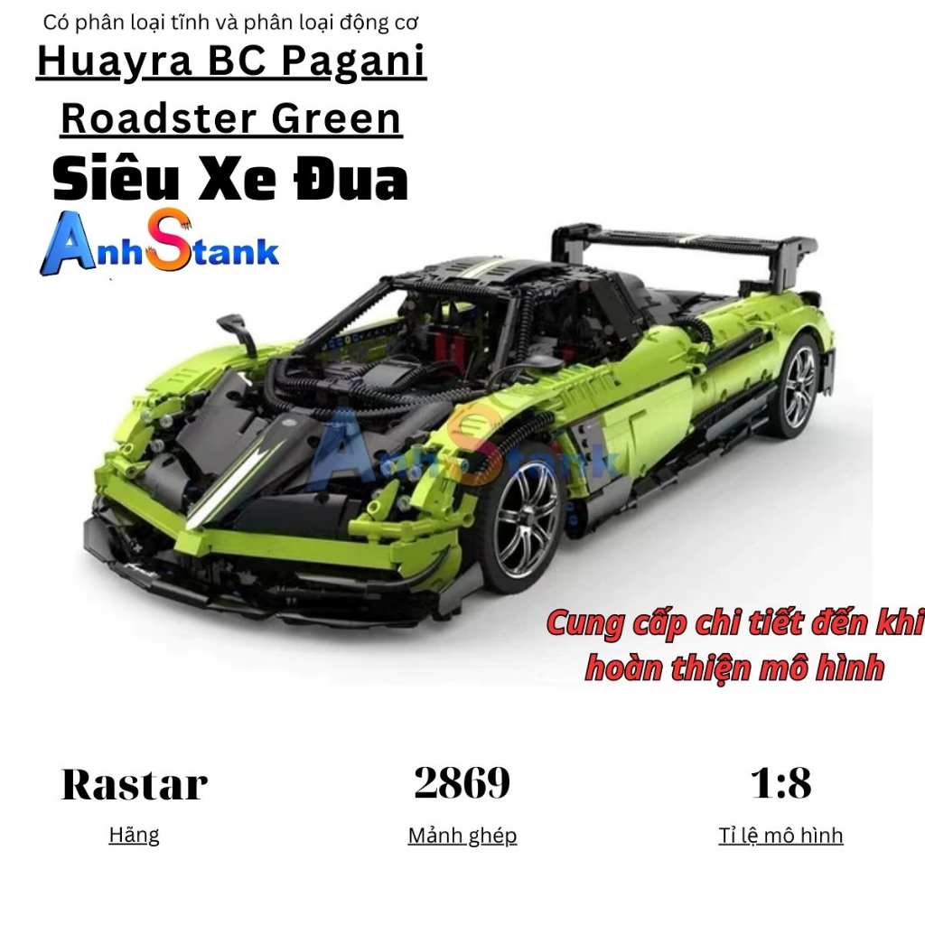 Mô hình lắp ráp siêu xe technic Rastar Pagani Huayra BC Green tỉ lệ 1:8 SKU 97910G 2896 chi tiết mảnh ghép