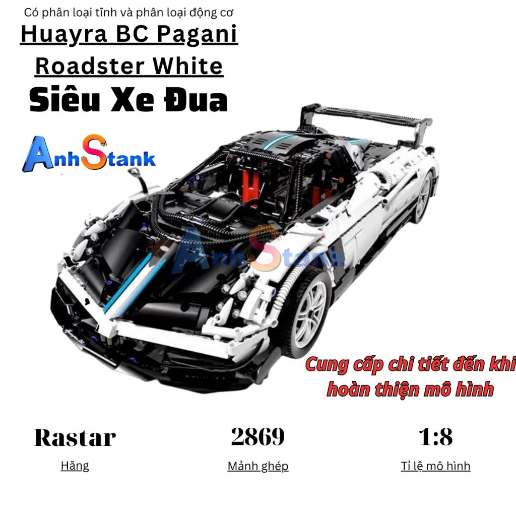 Mô hình lắp ráp siêu xe technic Rastar Pagani Huayra BC White tỉ lệ 1:8 SKU 97910 2896 chi tiết mảnh ghép