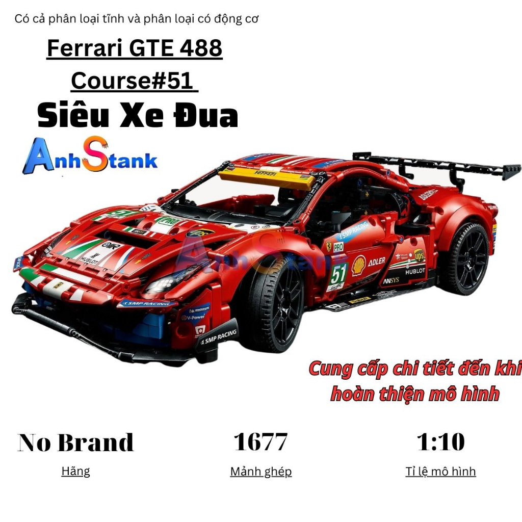 Mô hình lắp ráp Siêu xe technic Ferrari 488 GTE AF Corse tỉ lệ 1:10 SKU #51 1677 PCS bảo hành 1:1 bởi Anhstank