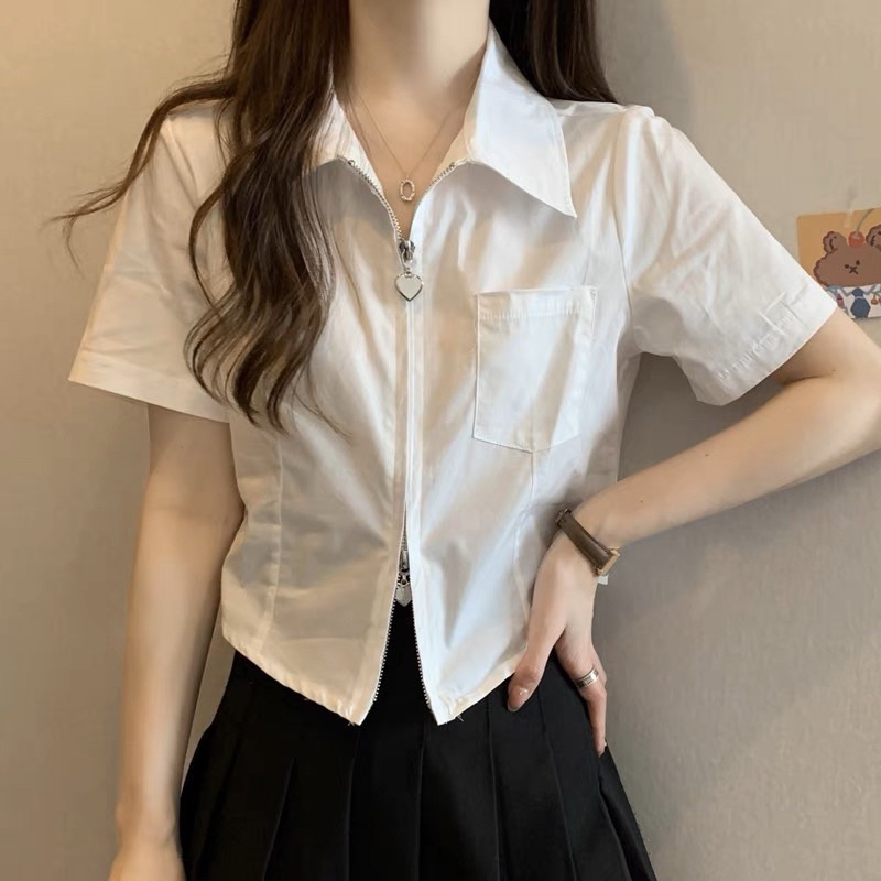 Áo Crotop Sơ Mi Tay Ngắn Khoá Kéo 2 Đầu