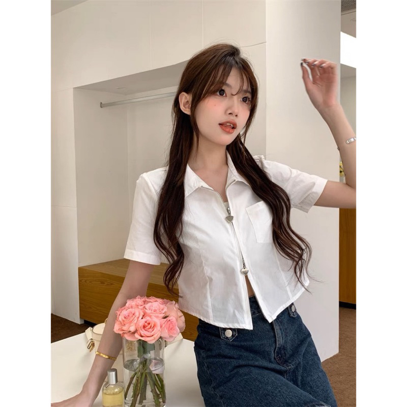 Áo Crotop Sơ Mi Tay Ngắn Khoá Kéo 2 Đầu