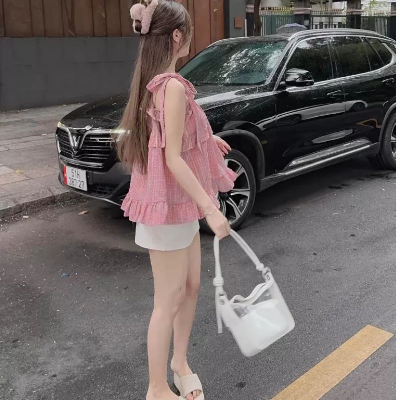 Áo Kiểu Hai Dây Buộc Nơ Phối Bèo Tầng Tiểu Thư