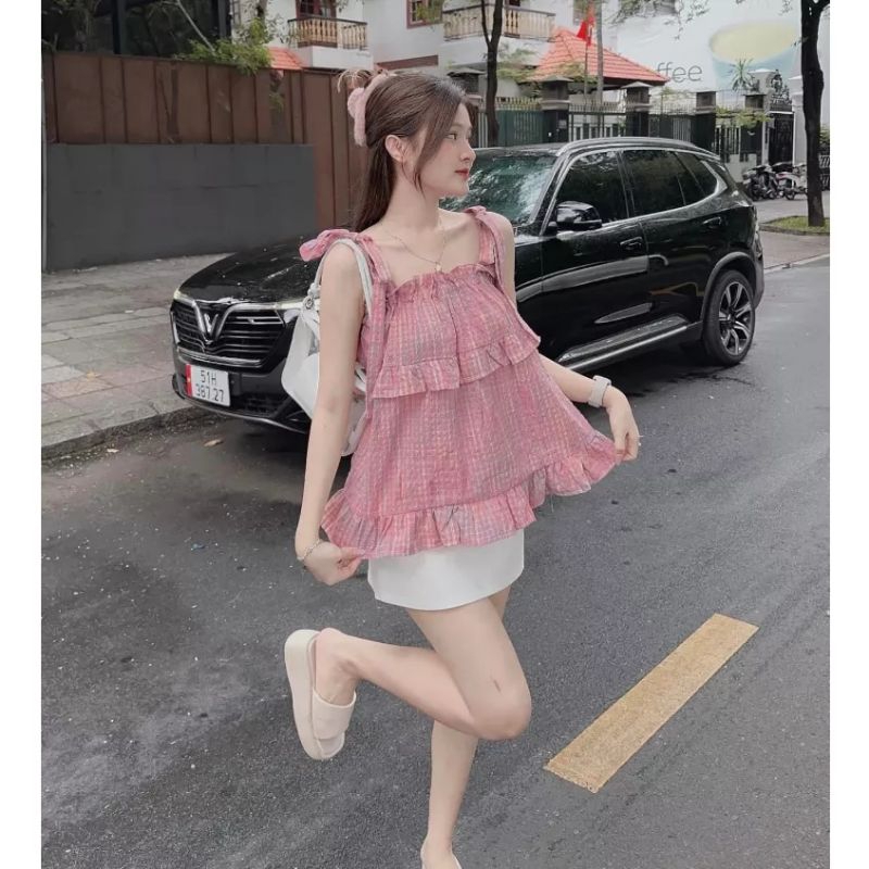 Áo Kiểu Hai Dây Buộc Nơ Phối Bèo Tầng Tiểu Thư