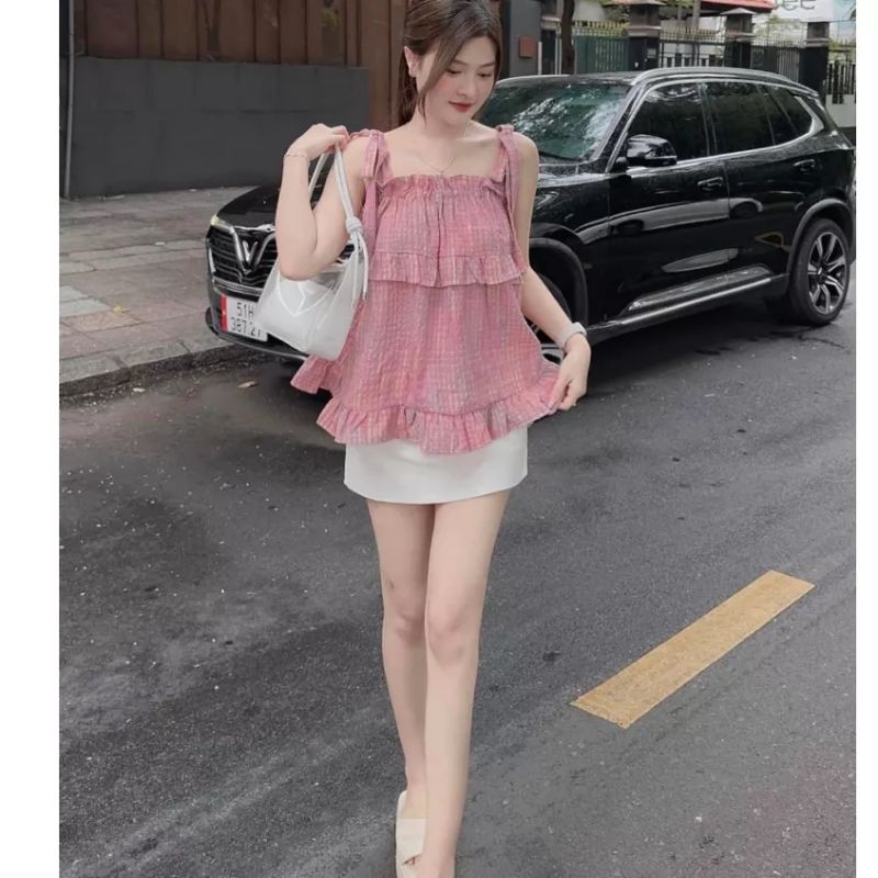 Áo Kiểu Hai Dây Buộc Nơ Phối Bèo Tầng Tiểu Thư