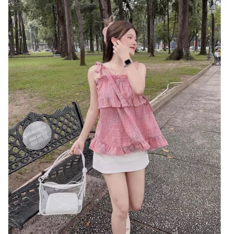 Áo Kiểu Hai Dây Buộc Nơ Phối Bèo Tầng Tiểu Thư