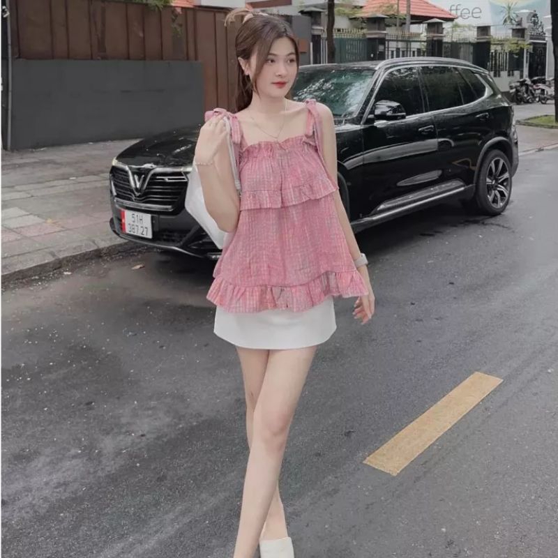 Áo Kiểu Hai Dây Buộc Nơ Phối Bèo Tầng Tiểu Thư