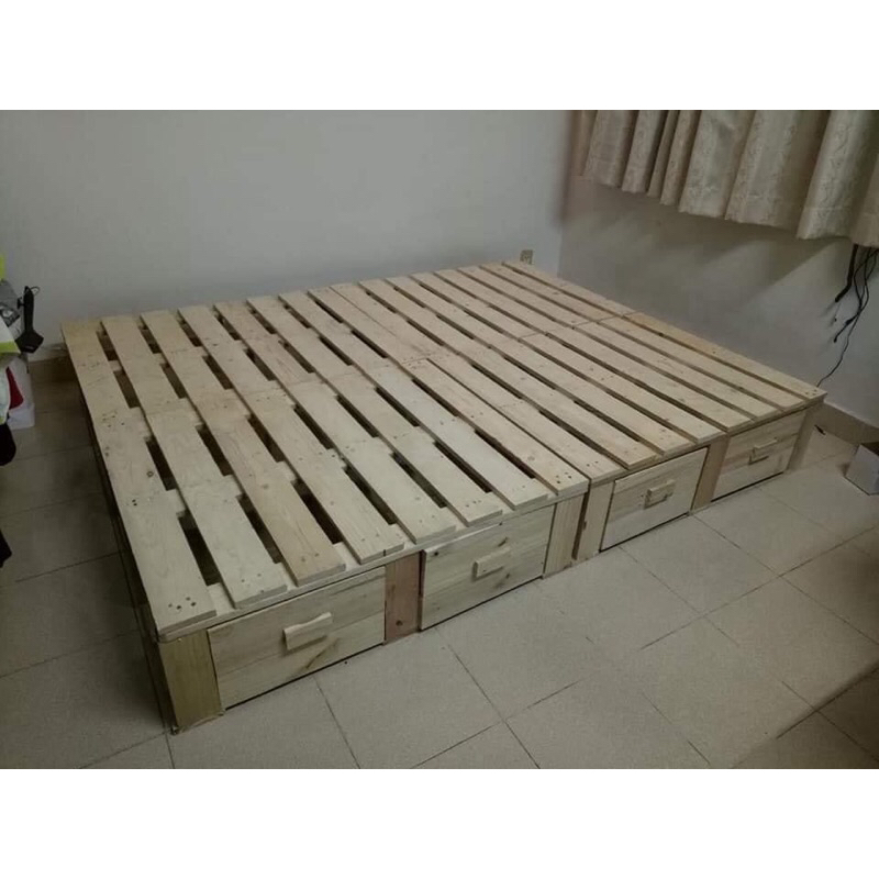 giường gỗ Thông pallet có hộc kéo