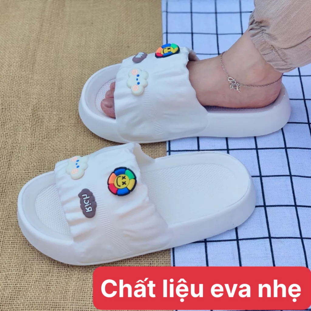 Dép bánh mì nữ quai ngang nhúm có gắn sticker đế cao 3cm đi mưa chất liệu eva kiểu dáng unisex ulzzang-giày dép 555