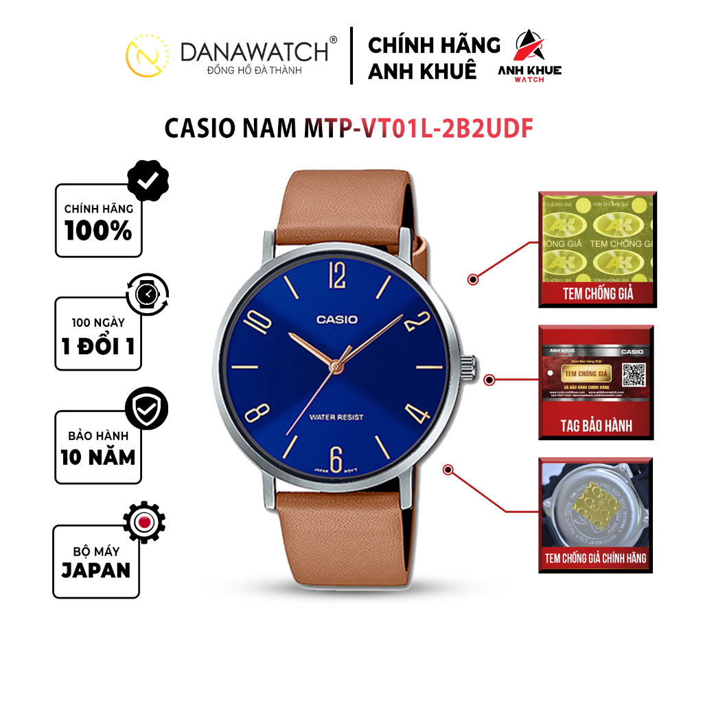 Đồng hồ Casio Nam chính hãng Casio Nhật Bản MTP-VT01L-2B2UDF dây da chính hãng chống nước tốt