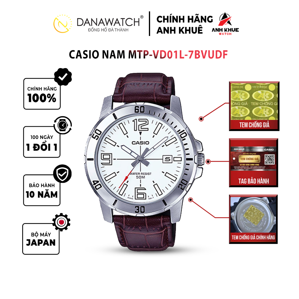 Đồng hồ Casio Nam chính hãng Casio Nhật Bản MTP-VD01L-7BVUDF dây da chính hãng chống nước tốt