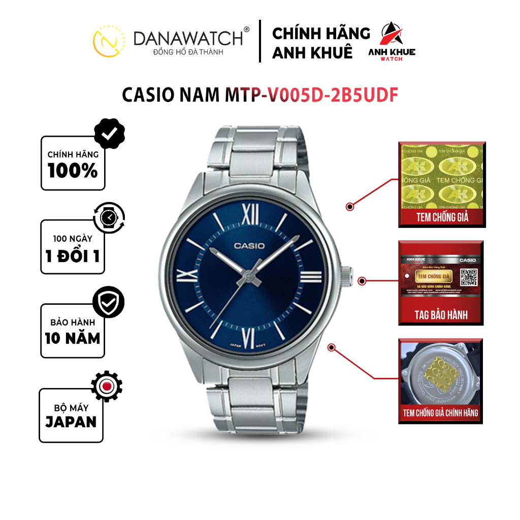 Đồng hồ Casio Nam chính hãng Casio Nhật Bản MTP-V005D-2B5UDF thép không gỉ chống nước tốt