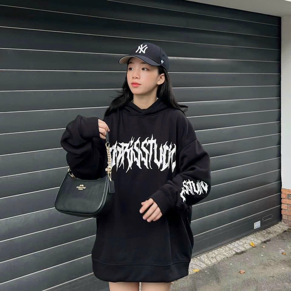 Aó Hoodie Nam Nữ From Rộng In DORIS Nỉ Ngoại PE Cao Cấp,Aó Khoát Chống Nắng Có Nón Màu Đen