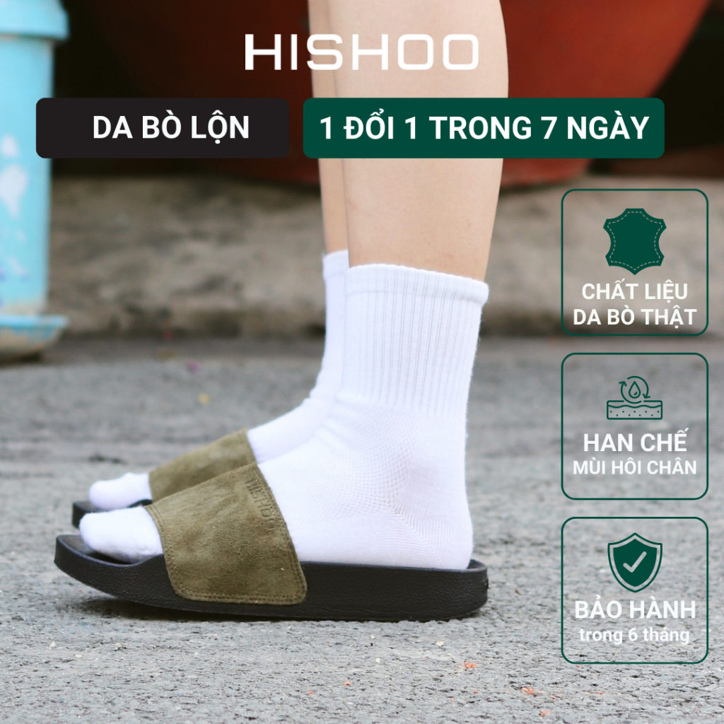 Dép quai ngang slipper Xanh lá da lộn cao cấp nam, nữ HISHOO siêu nhẹ da bò thật thời trang size 36 - 45 U333
