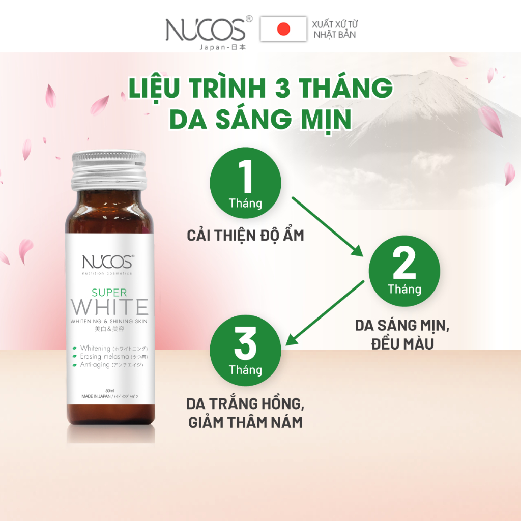 Combo 3 hộp nước uống collagen trắng da mờ thâm nám Nucos Super White 50ml x 3 x 10 chai