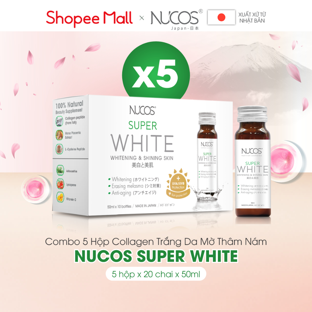 Combo 5 hộp nước uống collagen trắng da mờ thâm nám Nucos Super White 50ml x 5 x 10 chai