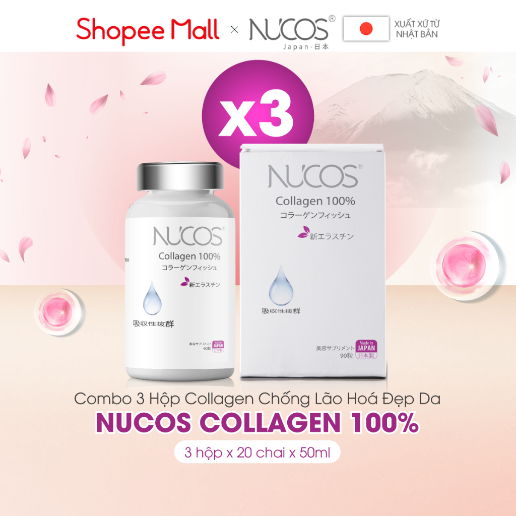 Combo 3 hộp Viên uống collagen elastin dưỡng ẩm làm đẹp da Nucos Collagen 100% 90 viên