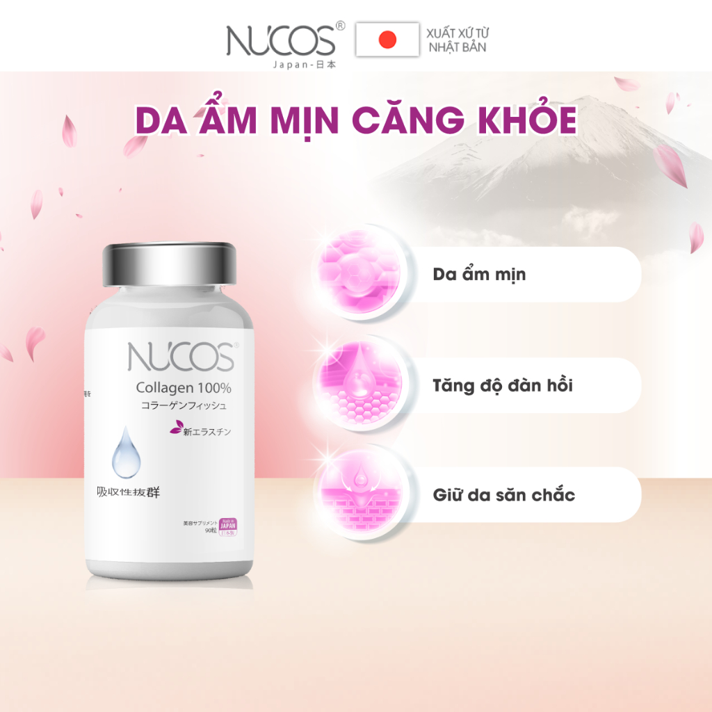 Combo 3 hộp Viên uống collagen elastin dưỡng ẩm làm đẹp da Nucos Collagen 100% 90 viên