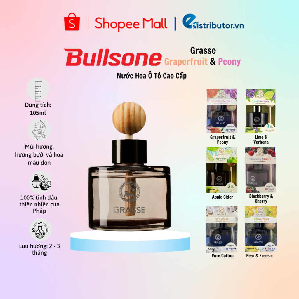 Nước Hoa Ô Tô Cao Cấp Bullsone Grasse Diffuser Grapefruit & Peony/Blackberry Cherry/..105ml - Hàng Chính Hãng