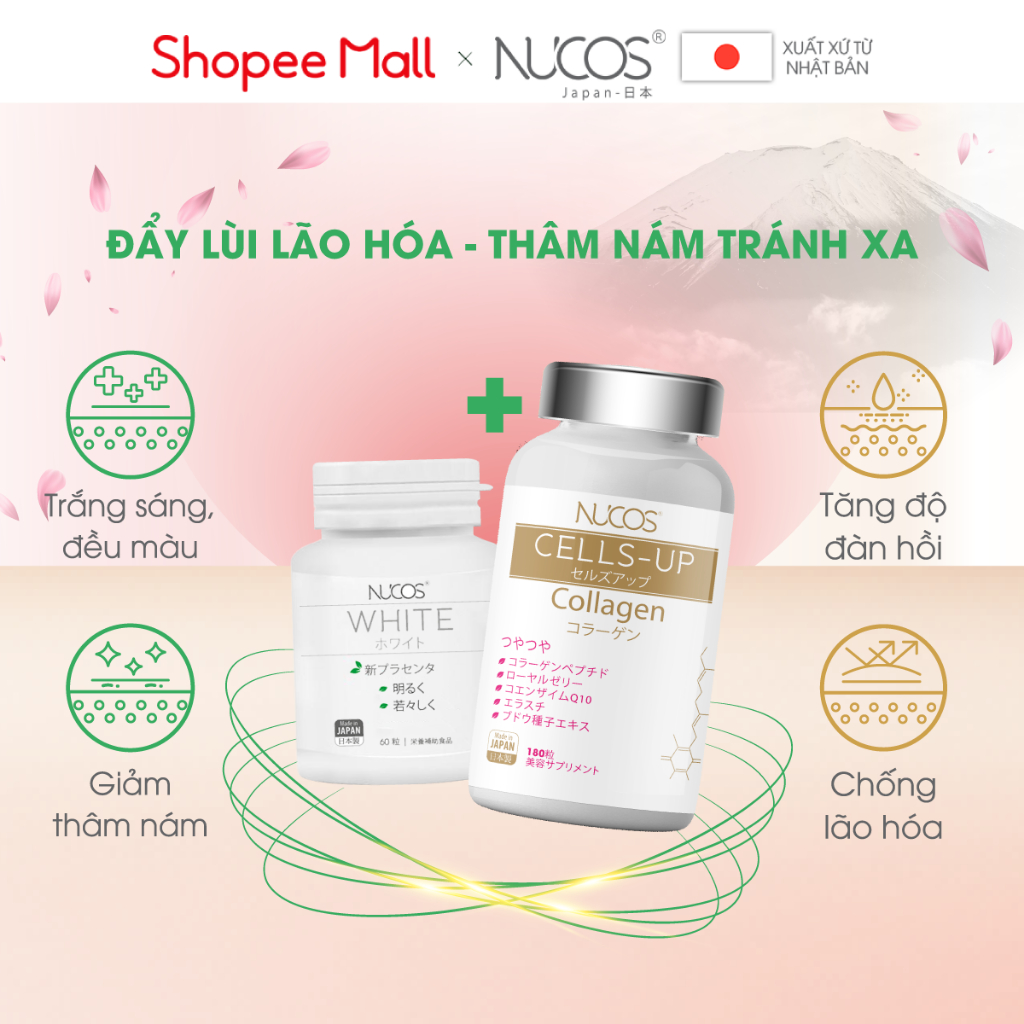 Combo viên uống trắng da chống lão hóa Nucos White và Nucos Cells Up 2 hộp