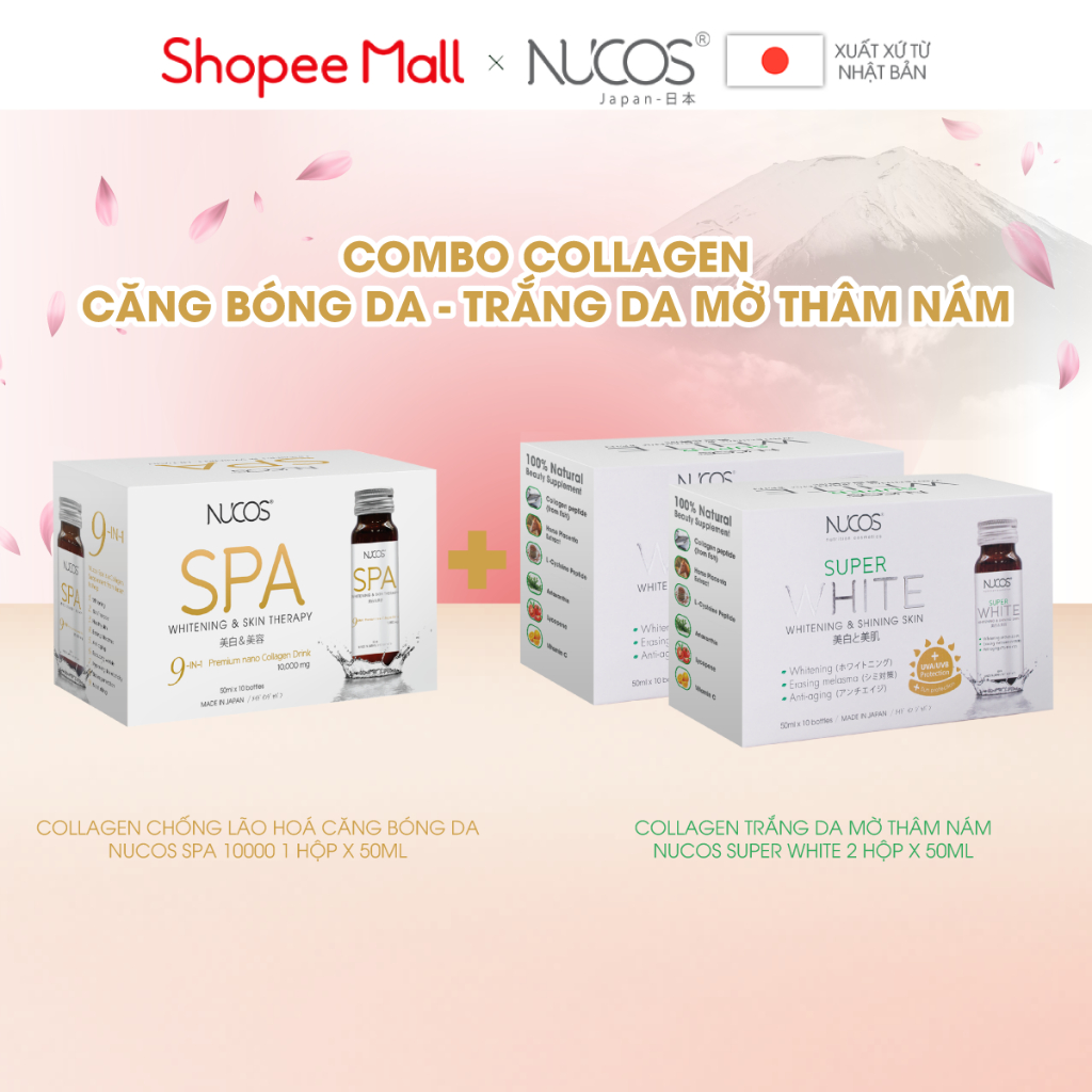 Combo nước uống collagen căng bóng trắng da mờ thâm nám Nucos Spa 10.000 và Nucos Super White 3 hộp x 10 chai