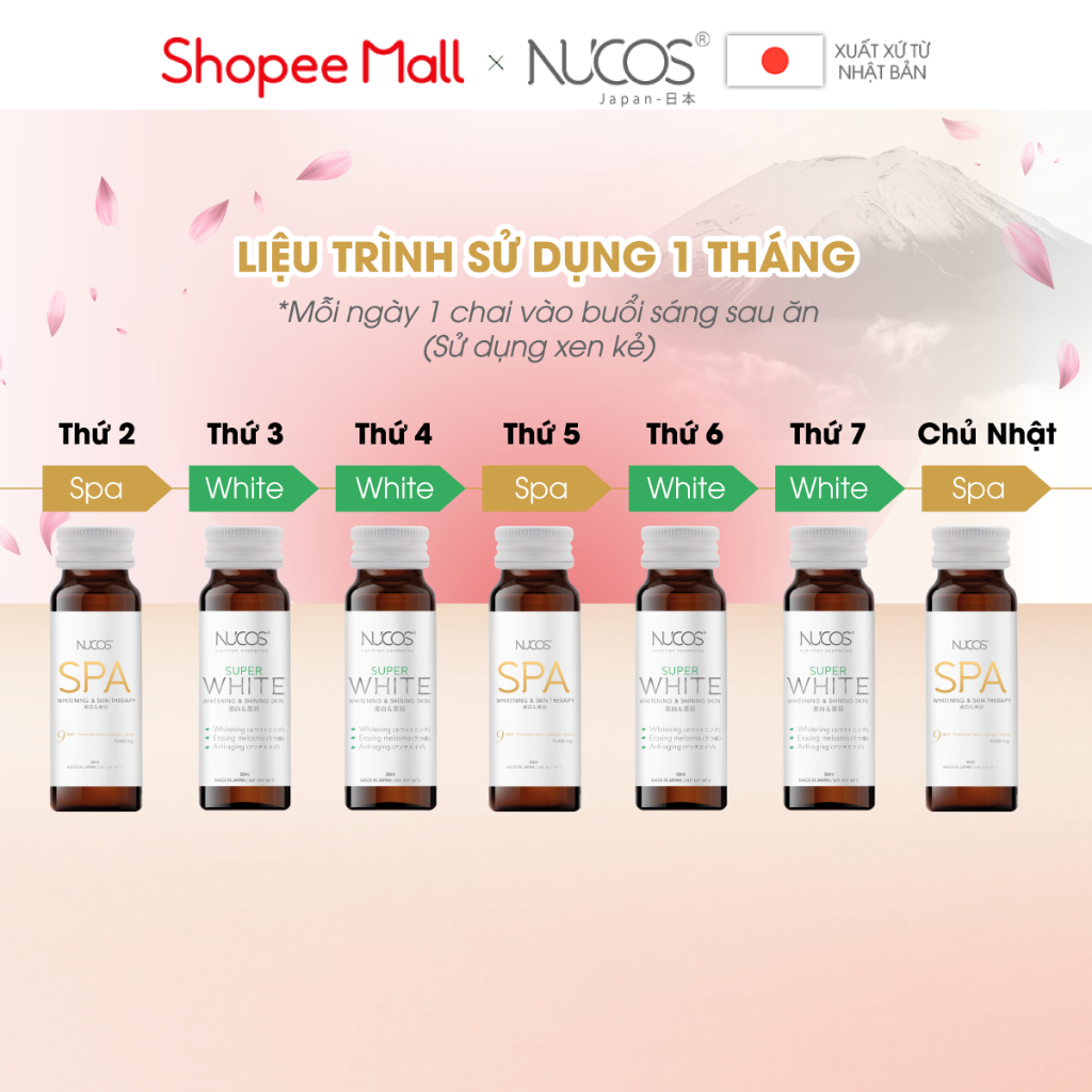 Combo nước uống collagen căng bóng trắng da mờ thâm nám Nucos Spa 10.000 và Nucos Super White 3 hộp x 10 chai