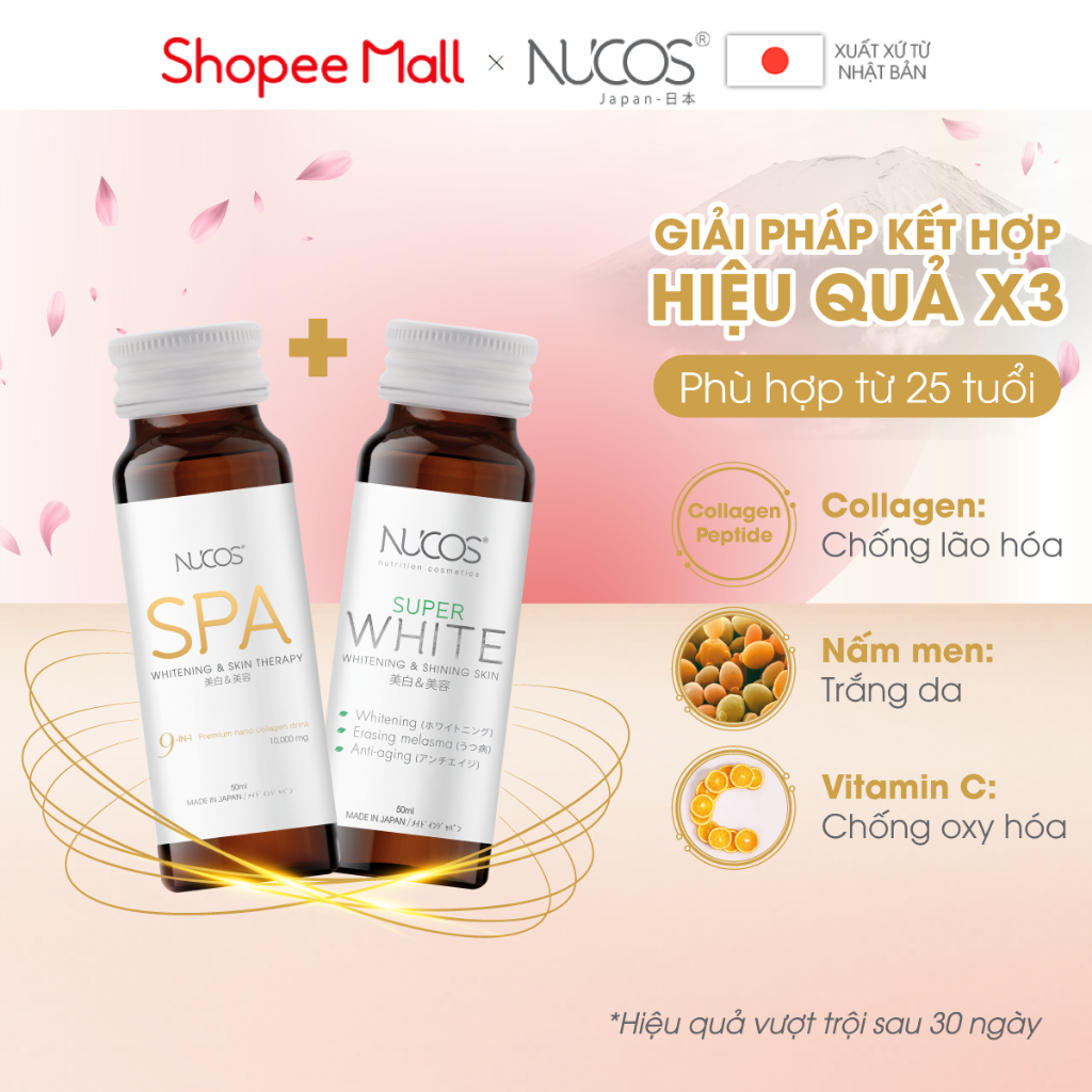 Combo nước uống collagen căng bóng trắng da mờ thâm nám Nucos Spa 10.000 và Nucos Super White 3 hộp x 10 chai