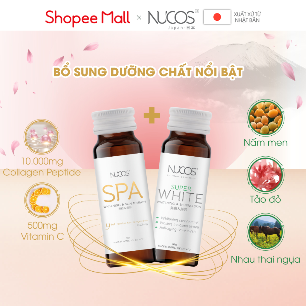 Combo nước uống collagen căng bóng trắng da mờ thâm nám Nucos Spa 10.000 và Nucos Super White 3 hộp x 10 chai