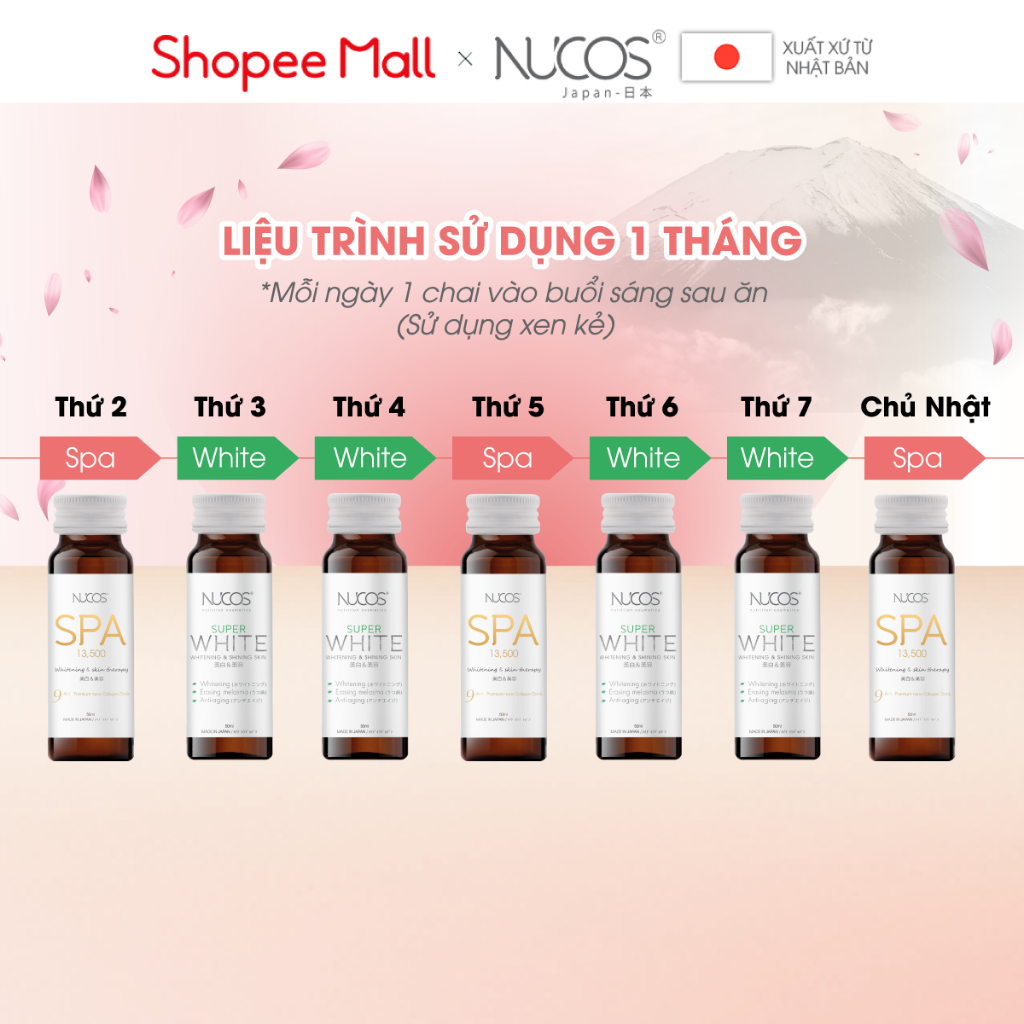 Combo nước uống collagen chống lão hóa trắng da mờ thâm nám Nucos Spa 13500 và Nucos Super White 3 hộp